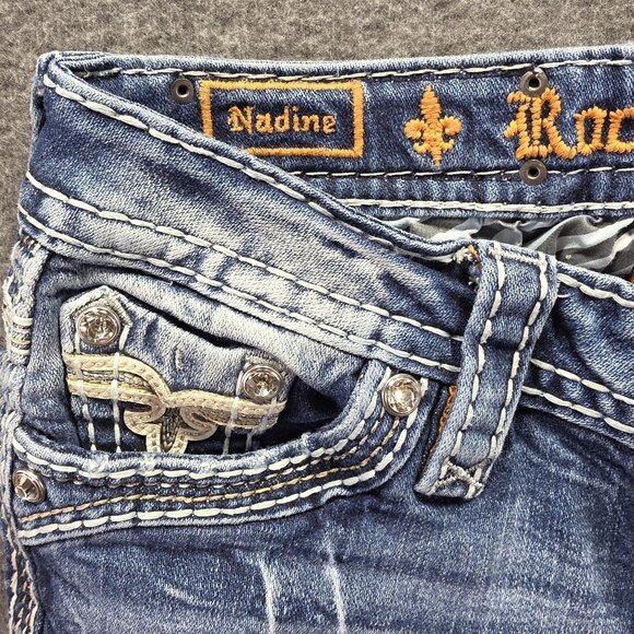 Rock Revival Jeans Womens 24 Bootcut Nadine Distressed Rhinestone Embroidered - Picture 3 of 11